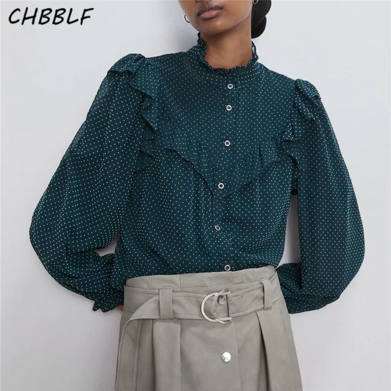 CHBBLF женская блузка в горошек с длинными рукавами и оборками Женская стильная