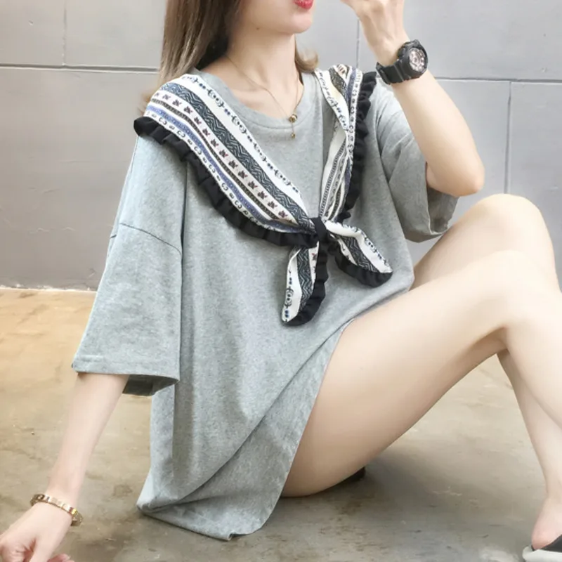 

XUXI Women Short Sleeve T-shirt Summer 2021 Large Size Loose Fashion Bow Stitching Top T Shirt E2433