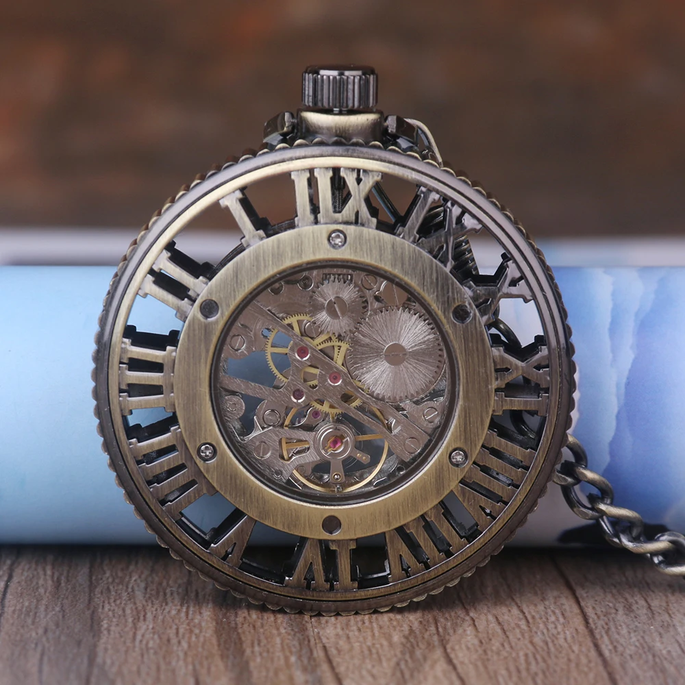 New Unique Hand Winding Mechanical Pocket Watch Chain Fashion Bronze Skeleton Carving Men Watches Christmas Gift