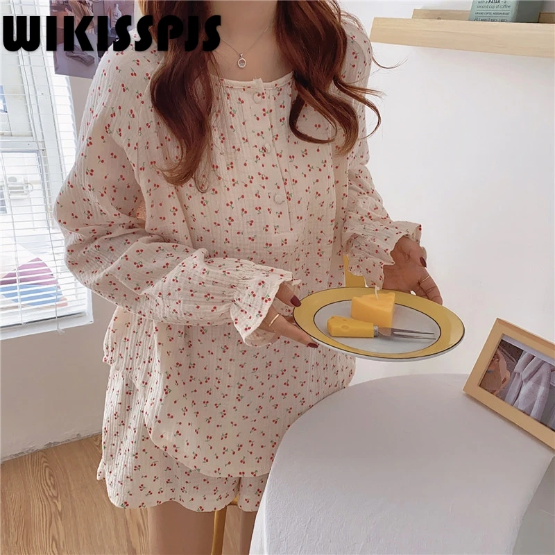 

Summer New Printing Loose Long Sleeve Shorts for Housewear Pajamas Two Piece Set Summer Kawaii Pajama Pajamas for Teen Girls