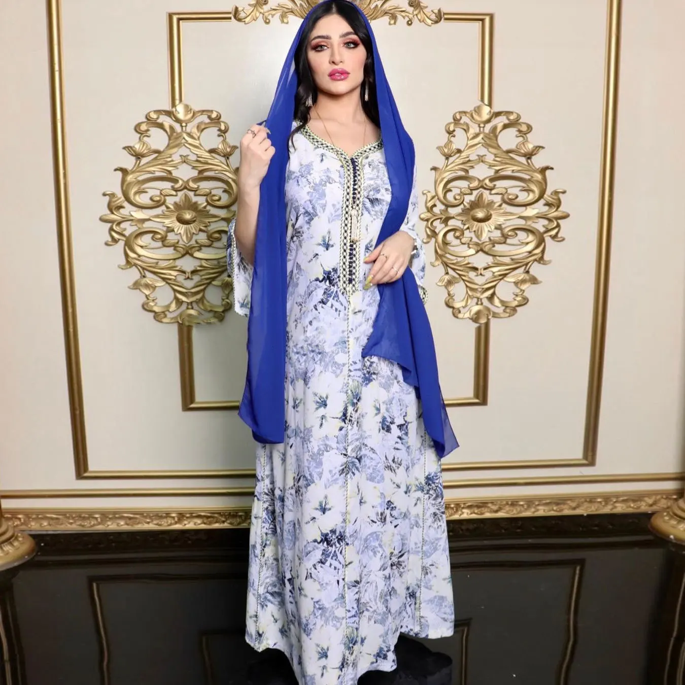 

Mandylandy Autumn Muslim Printed Dress Muslim Women Lace Ribbon Arab Abaya Middle East Islamic Clothing Hijad Robe Evening Dress