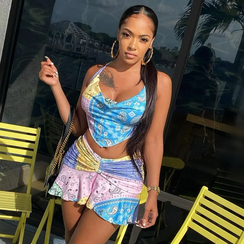 

CIBBAR Summer New Printing Two Piece Sets Women Sexy Halter Tops And Mini SKirt Suits Casual Sleeveless Skinny Streetwear 2021