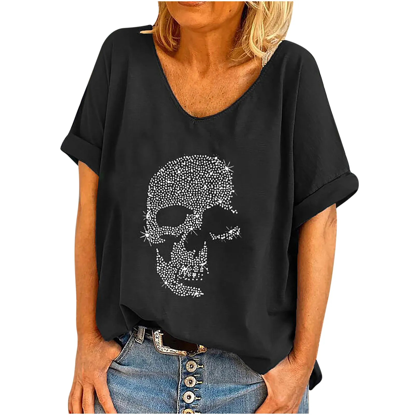 Женская футболка с коротким рукавом Goth Свободный Топ принтом черепа и V-образным