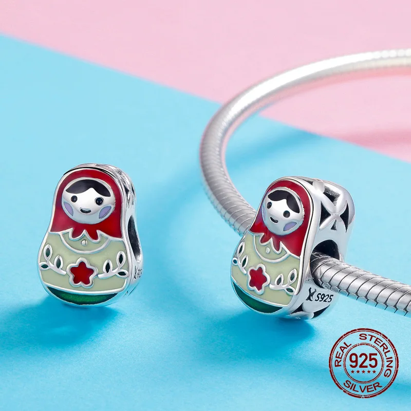 Luxury Senior Woman Jewelry Genuine 925 Sterling Silver Russian Doll Enamel Charm fit bangle Bracelet Beads Birthday Gift DIY | Украшения и