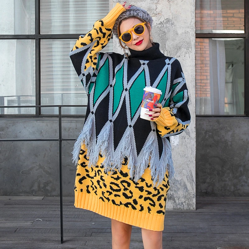 

Женский свитер в стиле ретро, свободное трикотажное платье средней длины со стразами и высоким воротником в европейском стиле