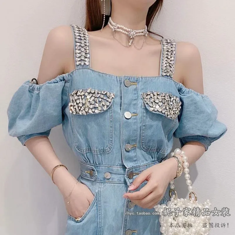 

2021 Summer Ladies Exquisite Rhinestone Western Off-the-Shoulder Long Denim Dress Women Fashion Slit Off-the-Neck Strap Dress