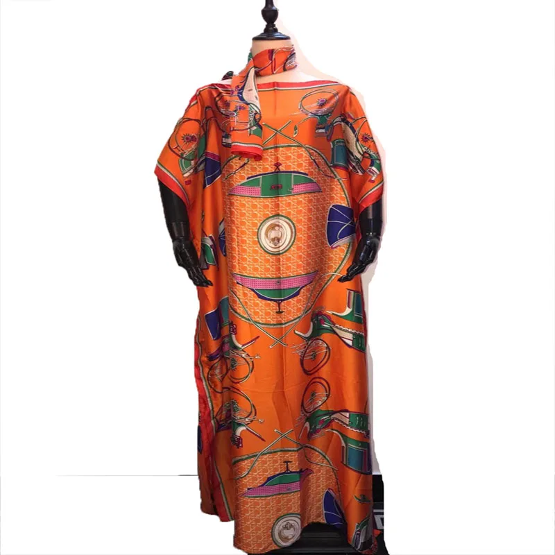 

New Elegant European printed Turkey Silk Kaftan lady long dresses match scarf Dashiki Summer African women long dresses