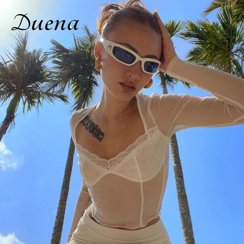 Женская Прозрачная Кружевная футболка Duena белая Клубная с длинным рукавом