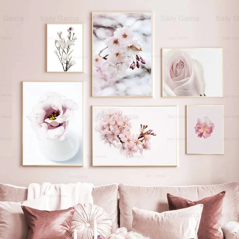 

Elegant Pink Flower Canvas Painting Cherry Blossoms Poster Art Print Picture Wallpaper Decoration Home Living Room Nordic Style
