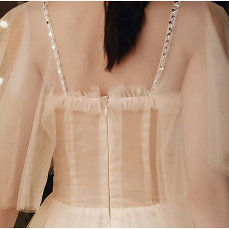 

New Champagne Evening Dress Strapless Simple Ruffles Short Sleeves Elegant A-Line Tea-Length Tulle Woman Formal Party Gowns A737