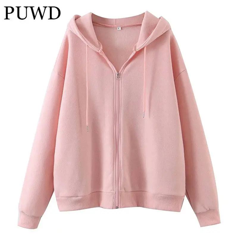

PUWD Oversize Women Hooded Hoodies 2021 Winter Fashion Ladies High Street Loose Hoodies Female Pink Plush Fleece Sweater
