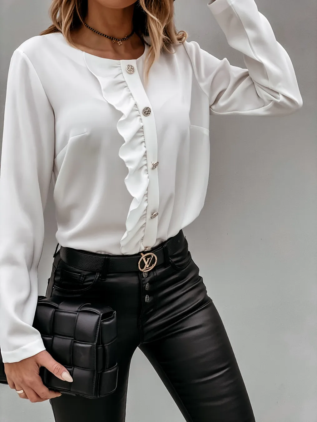 

Donsignet Fashion Women's Blouse New Round Neck Breasted Solid Color Long-sleeved Ruffled Button Women's Shirt Blouse Women Top