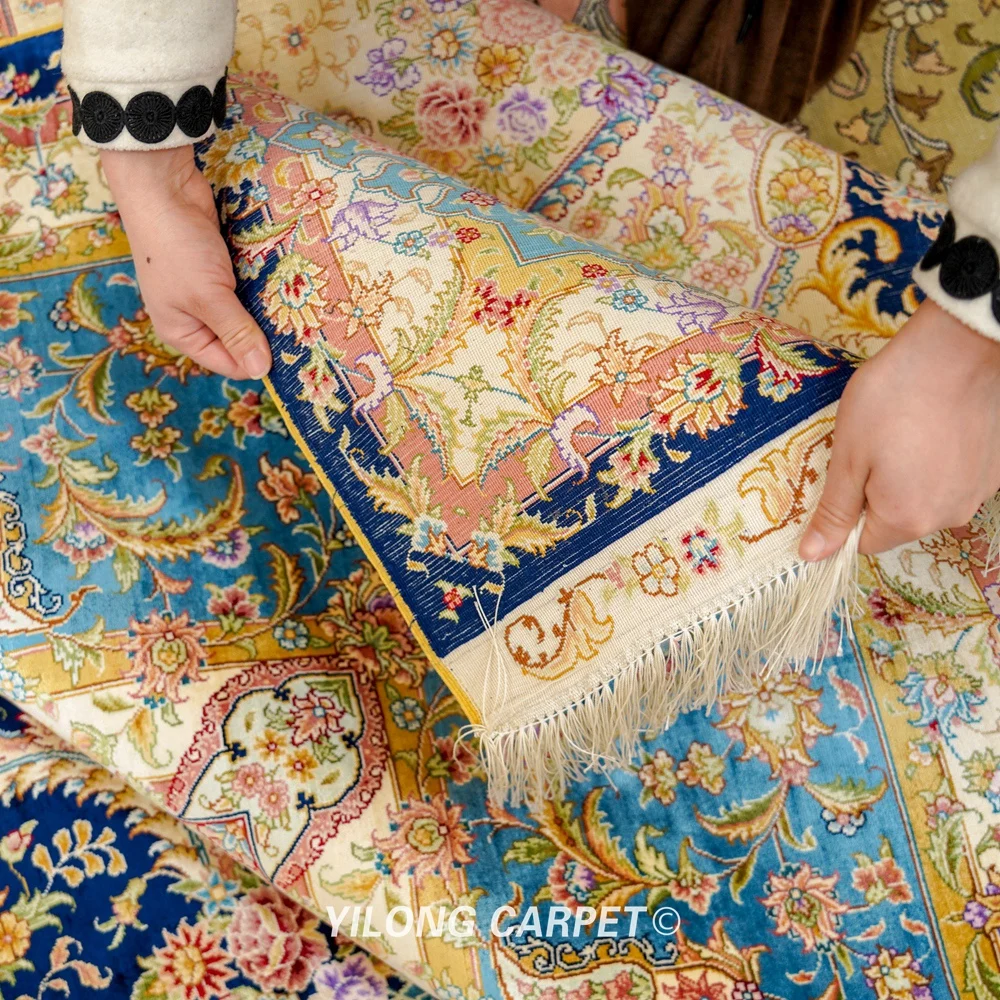 Восточные шелковые коврики Yilong 10 'x 14' персидский медальон большой синий
