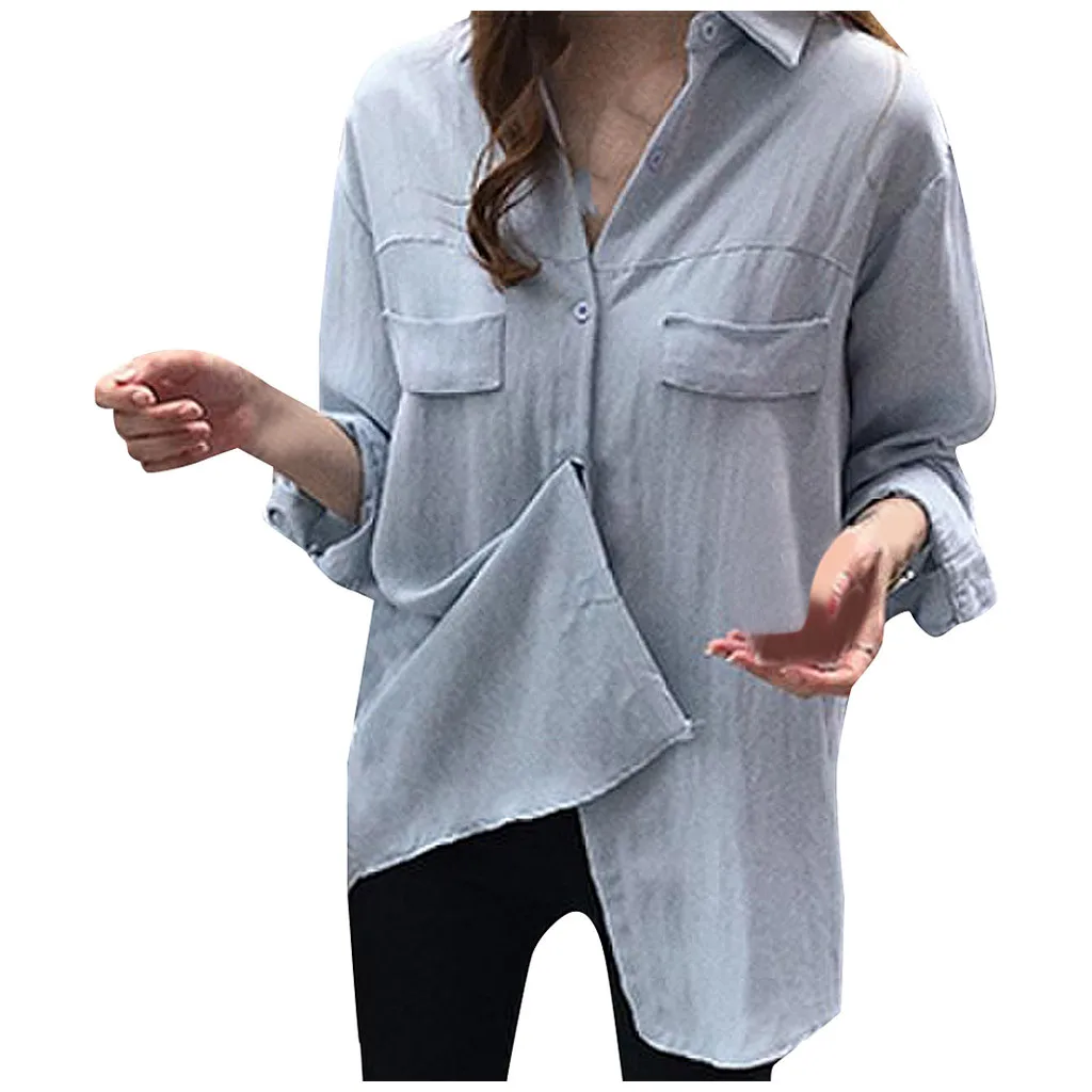 2020 хит блузки женские модные длинный рукав одноцветные отложной воротник