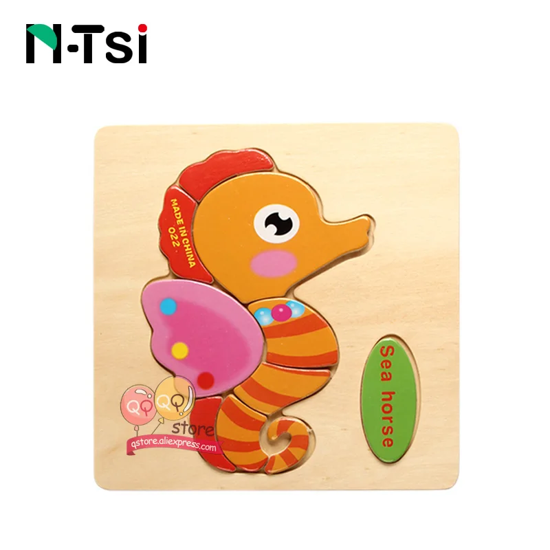 N-Tsi, детские деревянные головоломки, игрушки для малышей, Развивающие головоломки, Развивающие детские игрушки для детей, игры, Мультяшные животные, подарок, 3 года - Цвет: Sea horse