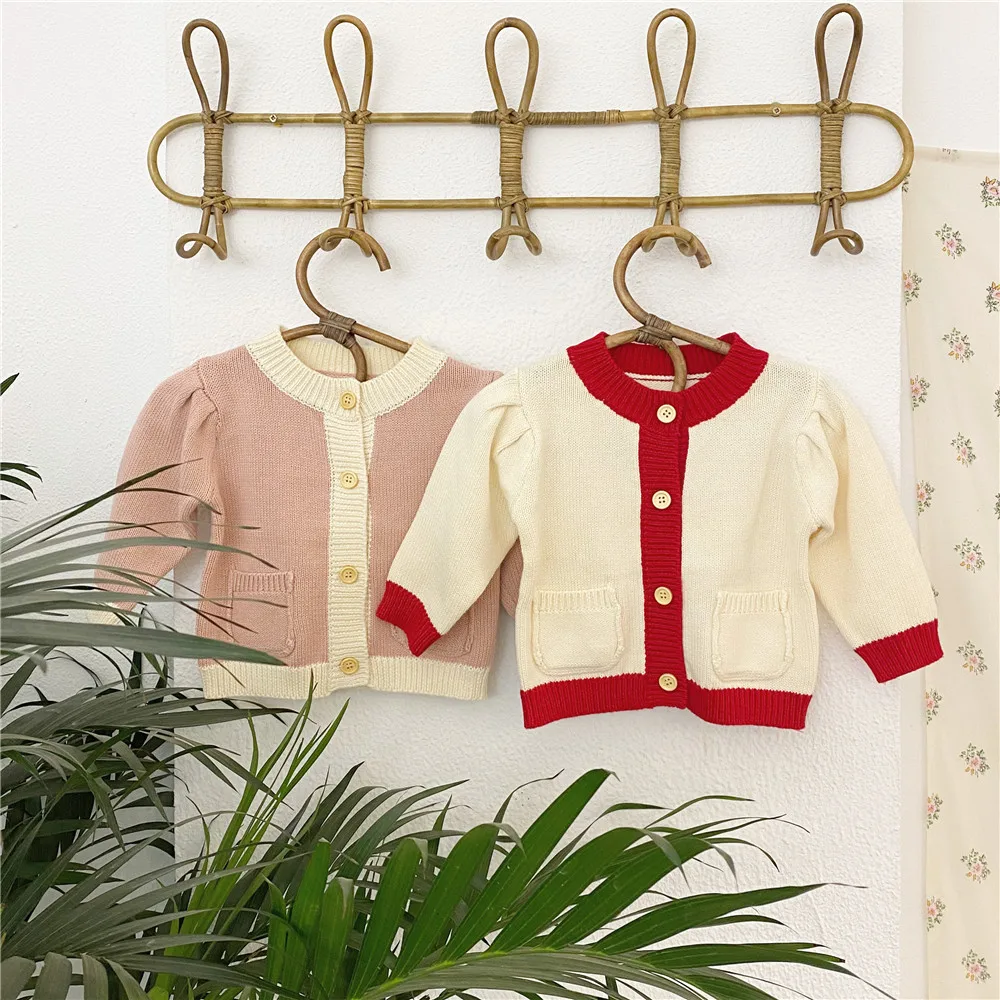 

Spring and Autumn Baby Girl Infant Pocket Color Block Jacket Coat Simple Puff Sleeve Cardigan Tops Girls Clothes