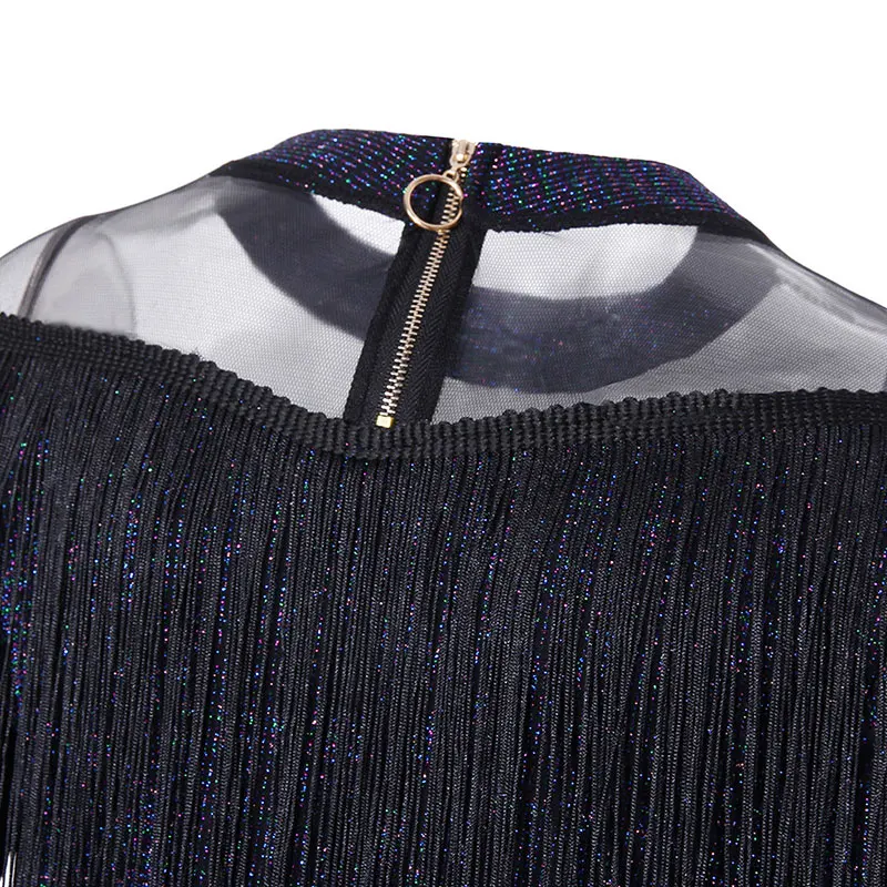 

Spring Summer Sexy Tassel Long Sleeve Top Women Casual Mesh Spliced Bronzing Blouse Ladies O Neck Slim Pullover Tops