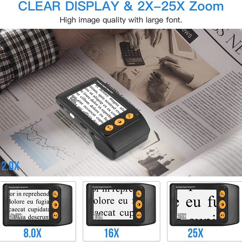 

Portable Digital Magnifier 3.5 Inch LCD Screen 2X-25X Zoom 8 Color Modes Electronic Reading Aid Video Magnifier