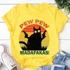 Женская футболка с принтом Pew Madafakas, забавная желтая футболка с принтом черная кошка убийца с пистолетом, топы с коротким рукавом для Хэллоуина, женская футболка