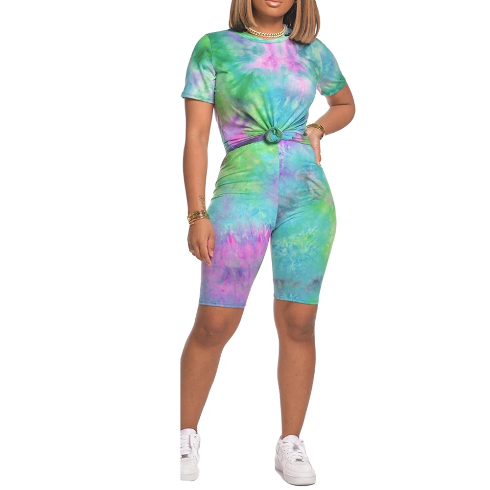 

Women's Skinny Bodycon Two Piece Set Tie Dye Casual Sports 2 Pieces Outfits Short Sleeve Printed T-shirt + Elastic Waist Shorts