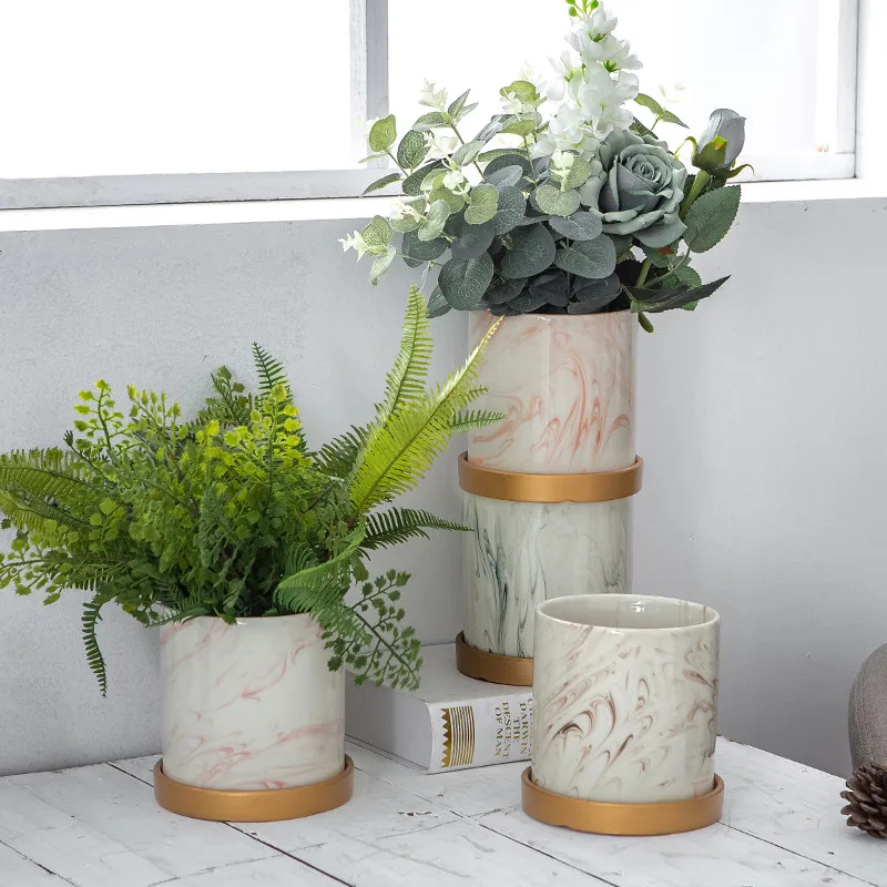 Керамическая ваза для цветов в скандинавском стиле мраморный узор суккуленты