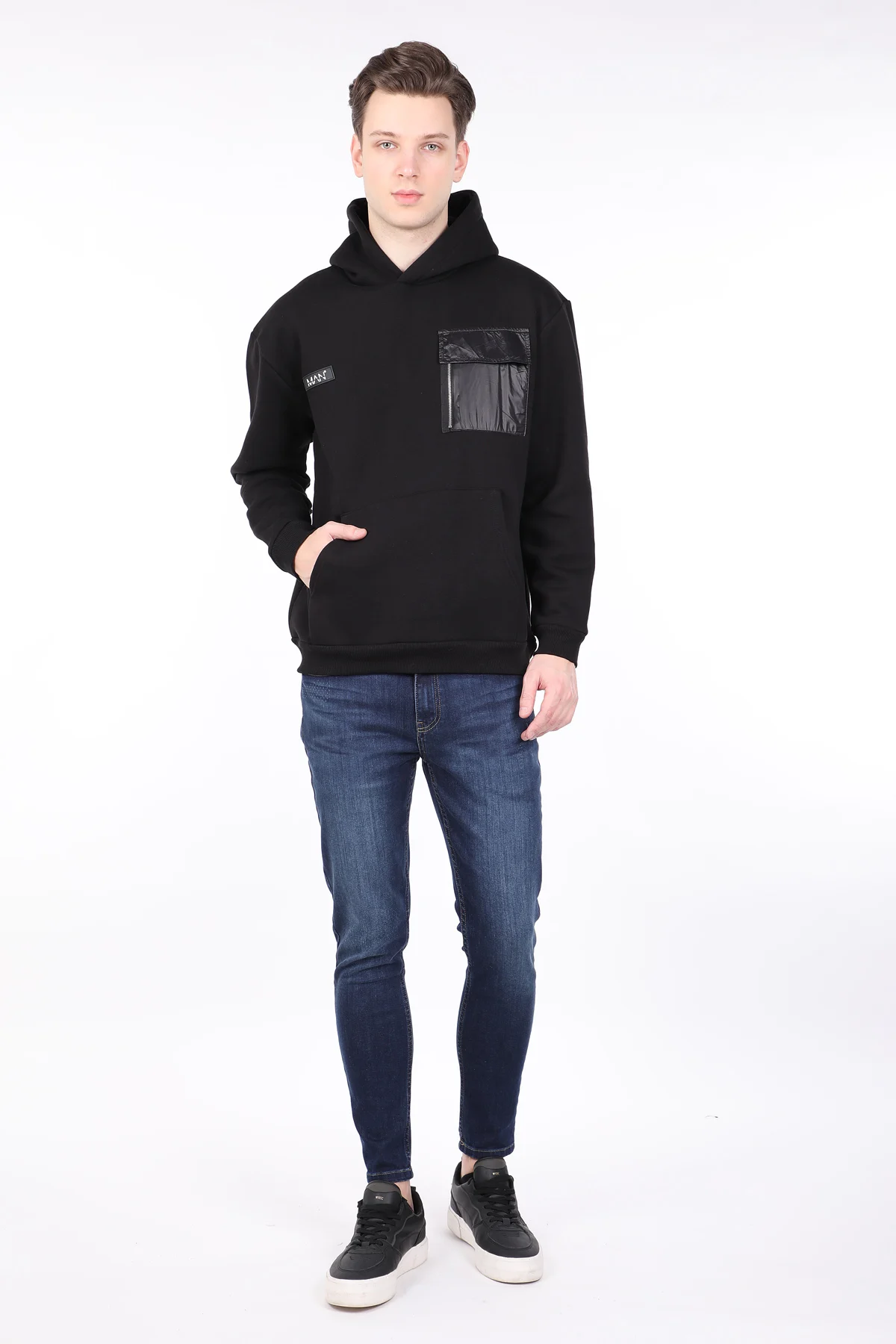 

Mens Black Raised Hooded Sweatshirt with Pocket
