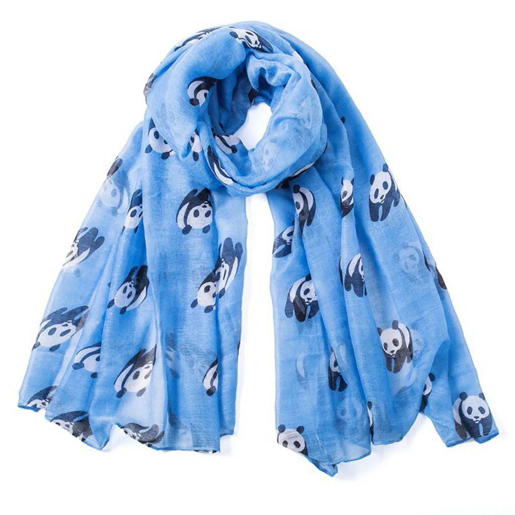 Light blue Шелковый атласный шарф с принтом, тонкие шали, элегантные модные зимние женские теплые модные шарфы с рисунком панды, милый шарф, шаль - Цвет: Light blue