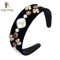king shiny vintage baroque imitation pearl cross headband elegant color crystal beaded black velvet hairband female party bezel