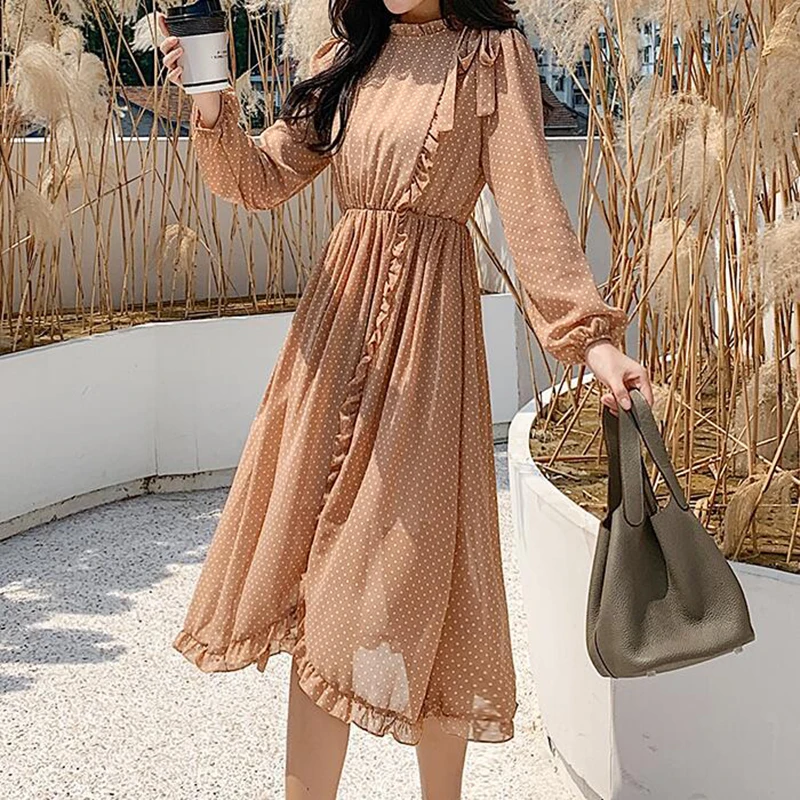 Однотонная винтажная одежда цвета хаки весеннее женское длинное шифоновое