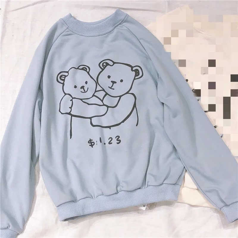 Fog blue Японский Каваи женские толстовки Femme пуловер корейский красивый мультяшный принт 90s одежда мягкая сестра милый медведь девушка толстовки - Цвет: Fog blue