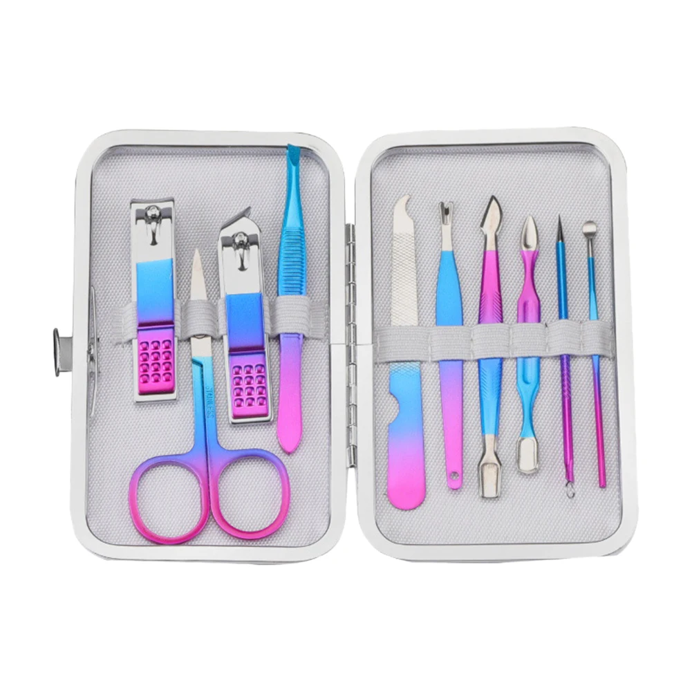 

10 in 1 Rainbow Manicure Nail Kits Stainless Steel Dead Skin Remover Manicure cleaner Care nails art tool All for manicure set