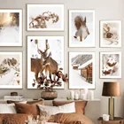 Зимняя сцена олень горный паровой поезд лесное растение скандинавский стиль настенная живопись холст постеры и принты Декор для гостиной