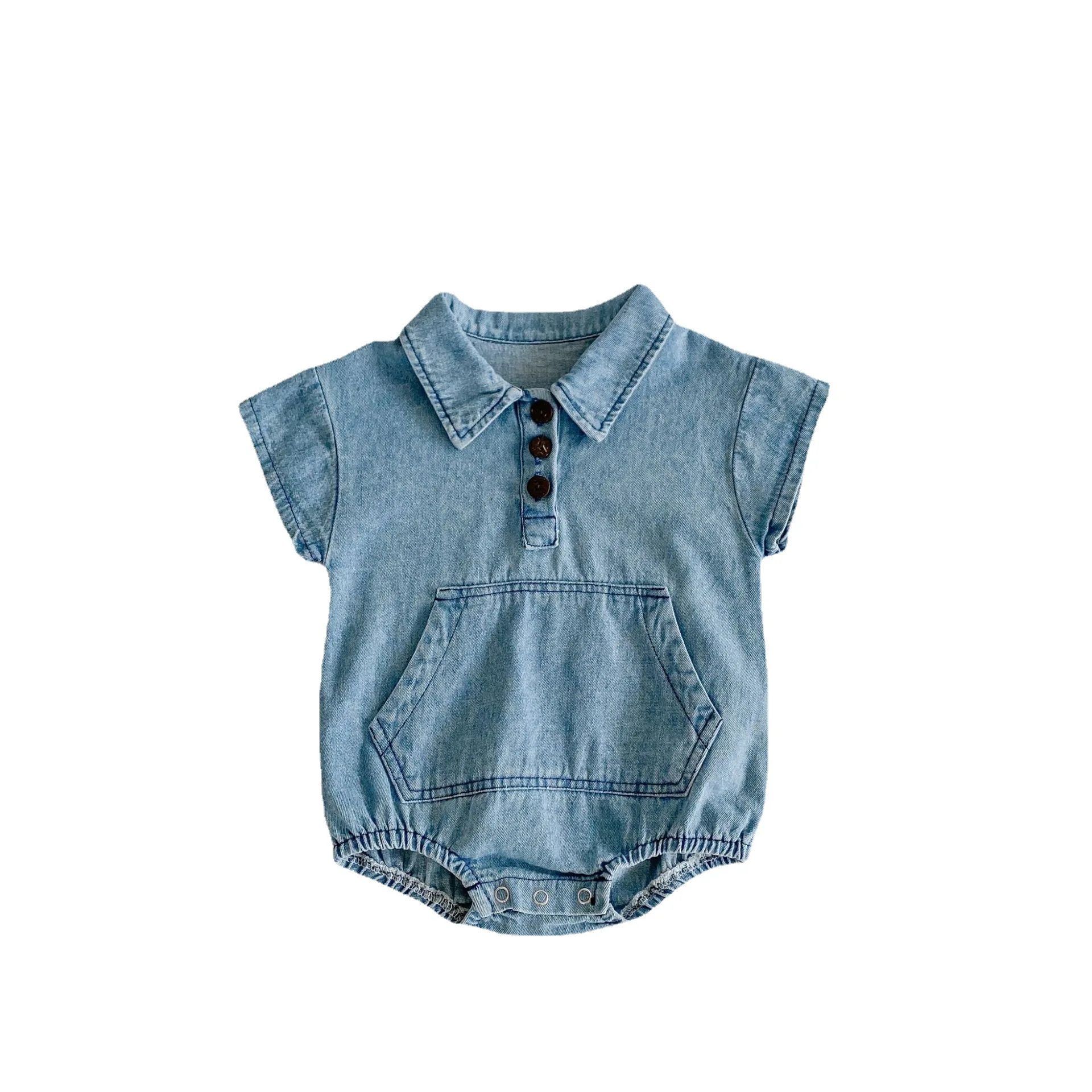

Summer 2021 baby baby one-piece cotton denim short-sleeved pocket bodysuit baby boys clothes baby girls clothes