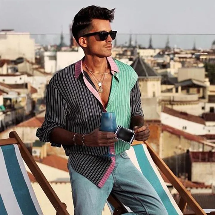 

Европейская и американская мужская популярная новинка стильная полосатая рубашка с длинным рукавом модная повседневная одежда