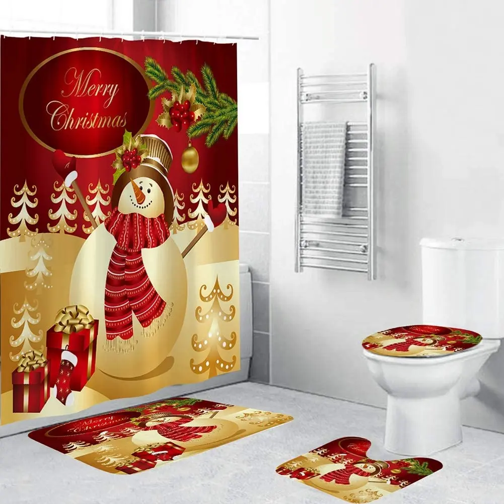 

Merry Christmas Shower Curtain Sets Bathroom Rugs Lid Toilet Cover Bath Mat Santa Snowman Bells Curtain Bathroom Decor