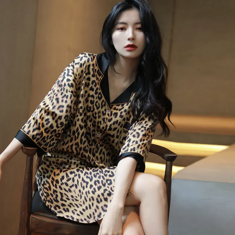 

Sexy Leopard Women Nightdress Summer Short Sleeve Nightgown Thin Soft Silk Satin Sleepwear Bathrobe Loose Casual Home Clothes