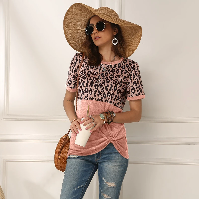 

2020 New Summer Women O-Neck Short Sleeve Cotton T-shirts Female Fashion Casual High Quality Leopard Print Stitching Tops QX221