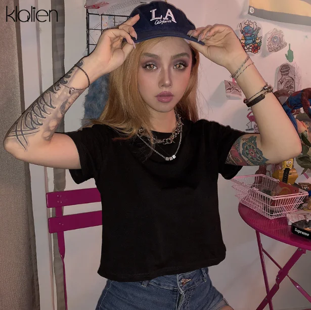 Klanien Летняя женская повседневная Однотонная футболка новинка 2020 топ с круглым