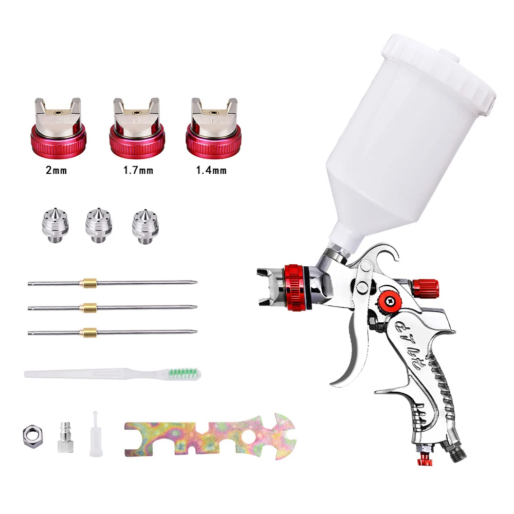 

HVLP Gravity Feed Air Spray Gun 3 Nozzles 1.4/1.7/2mm Nozzle Size 600cc Cup Gravity Airbrush For Finish Painting