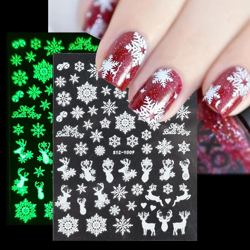 Luminous Effect 3D Christmas Snow Nail Sticker Glitter Nail Art Decoration Stickers Manicures Tips Tool Nail Design Accessories