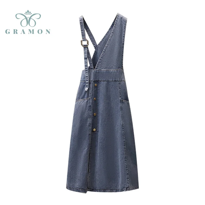 Женское джинсовое платье комбинезон длинное неправильной длины с высокой талией