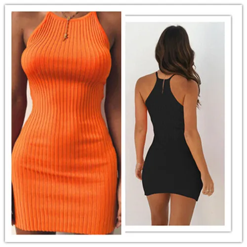 Модный женский летний облегающий короткий вязаный мини сарафан без рукавов