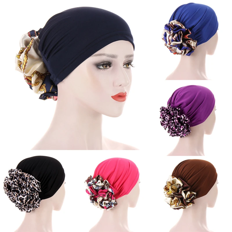 

Two-tone Muslim Women Inner Hijab Soft Elastic Flower Headscarf Hats Solid Breathable Islam Bonnet Arab Head Wrap Turban Cap