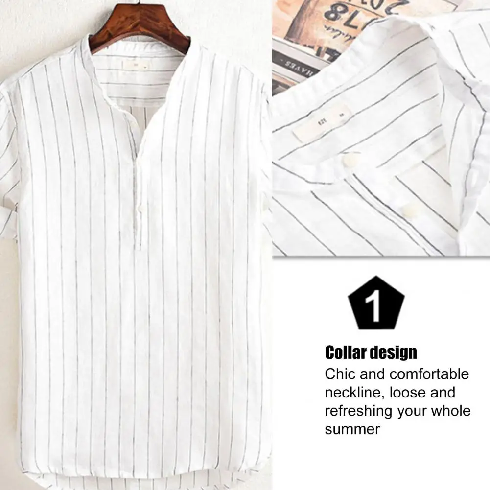 

80%HOTMen Short Sleeve Shirt Striped Print V Neck Stand Collar Casual T-shirt Male Clothing