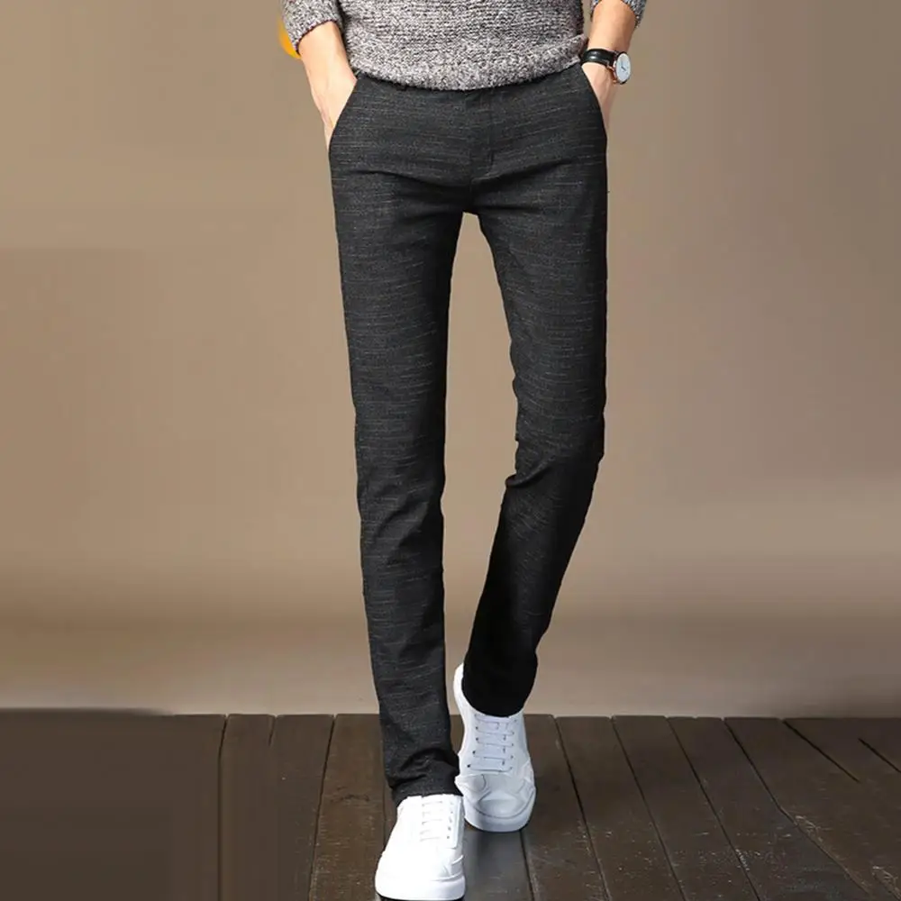 

Autumn Mens Long Suit Pants Slim Business Formal Trousers Solid Color Zip Button Closure Pockets Straight Long Pants