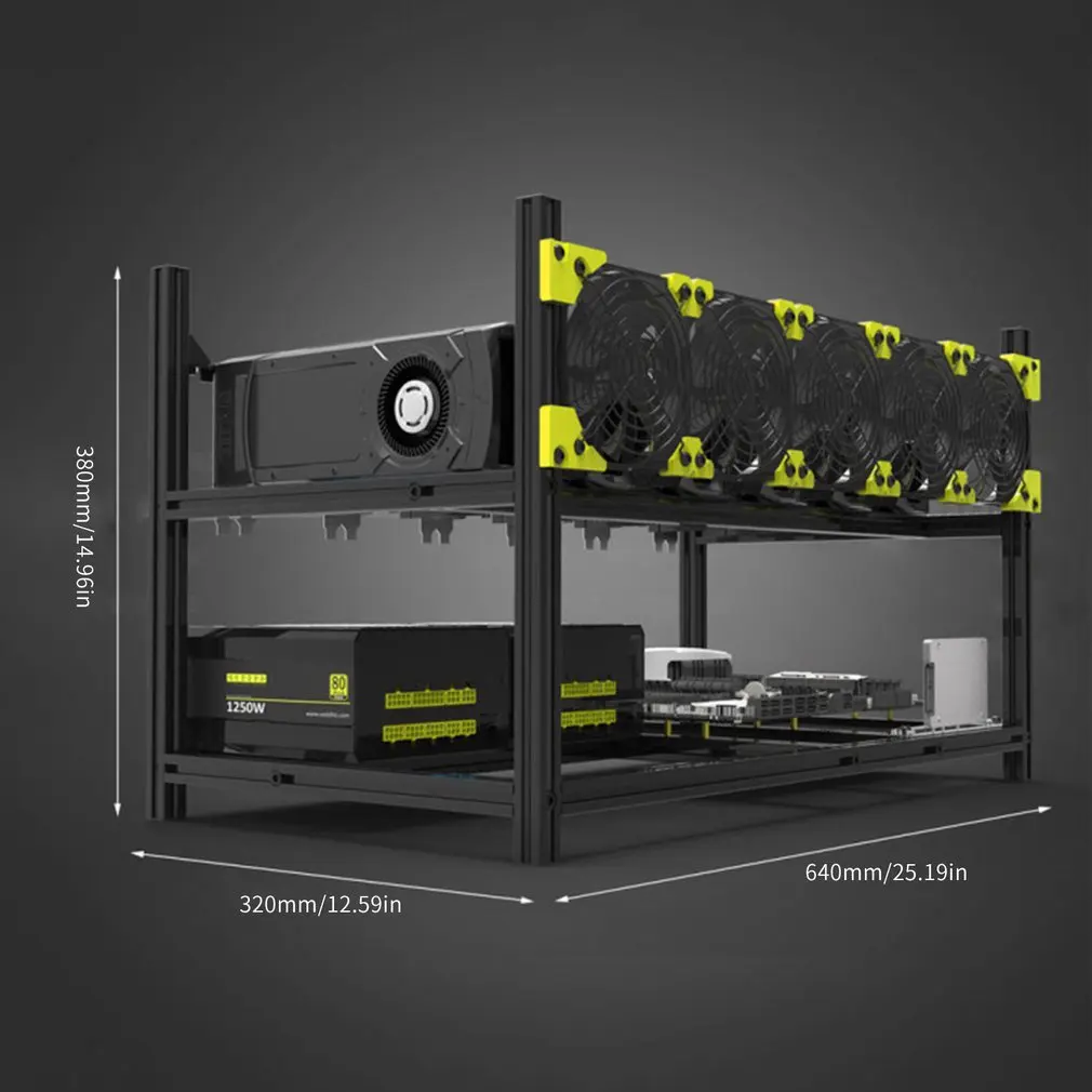

6 GPUs 5 Fans Low Noise Aluminum Stackable Open Air Mining Computer Frame Protective Net Mining Rack