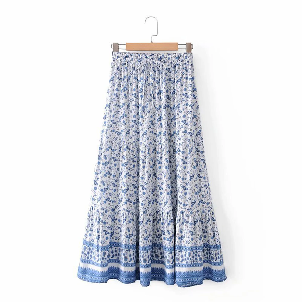 

New Style Women Skirts Chinese Style Printed Elastic High-Waisted Skirts Fashionable Spring Summer Ladies All-Match Skirts