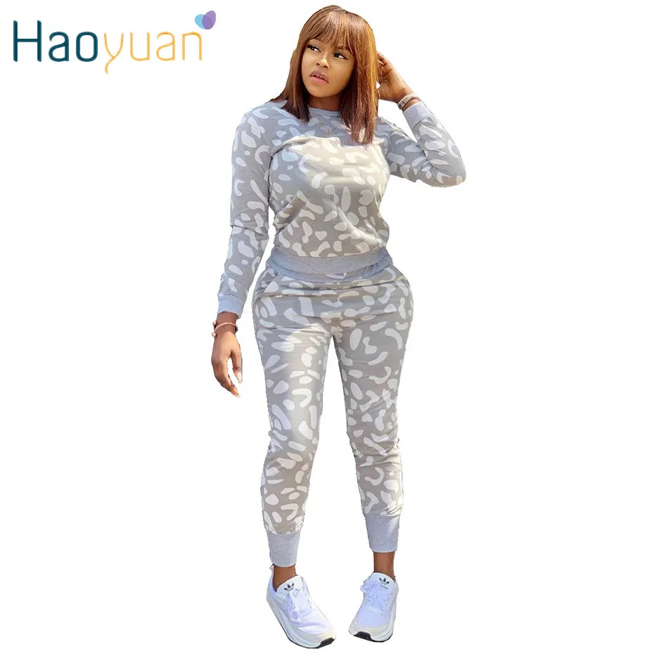 HAOYUAN/две детали с принтом, спортивный костюм, женская осенняя одежда, топ с длинными рукавами+ штаны, спортивный костюм, комплекты из 2 предметов