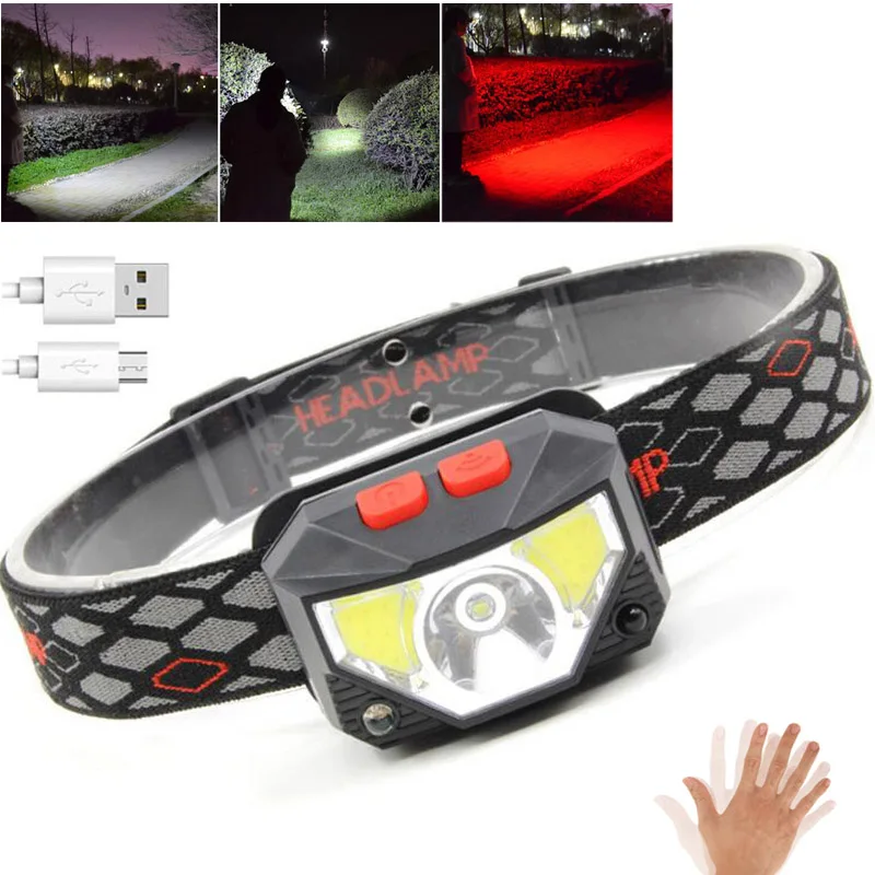 

Super Bright LED Headlamp Sensor Motion Frontal Head Lamp Torches Light XPG COB red light Headlight USB Battery camping Fishing