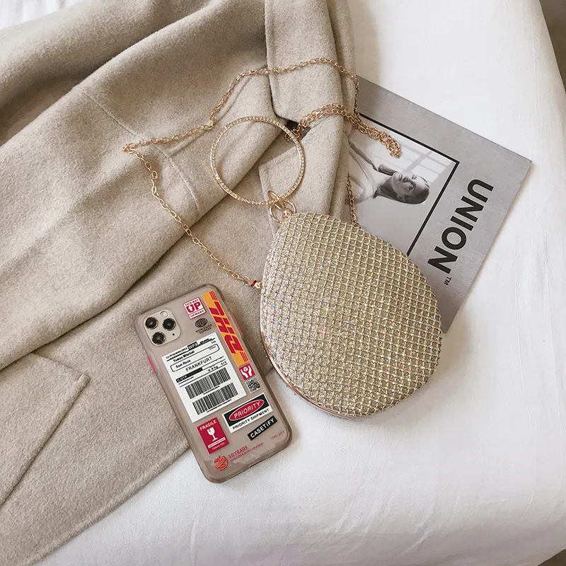 

Fashion Rhinestone Party Bag Women's Unique Design Crossbody Bags Circle Ring Handle Shoulder Handbag Teardrop Shape Evening Bag